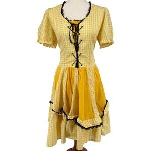 VTG 70s Womens Floral Gingham HANDMADE Corset Prairie Dress Sz L W/ Talon Zipper